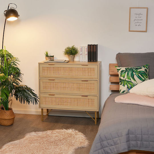 Bedroom Chest of Drawers Wooden with 3 Drawers Natural/Gold 80x42x80cm