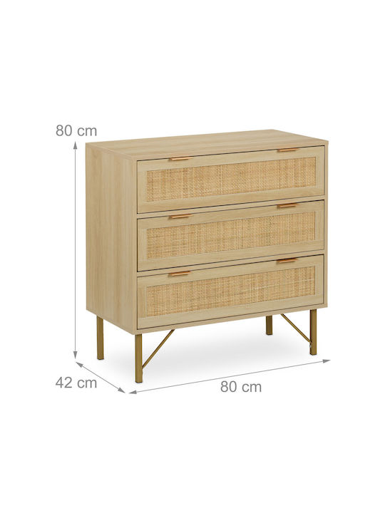 Comodă Dormitor Din Lemn cu 3 Sertare Natural/Auriu 80x42x80cm