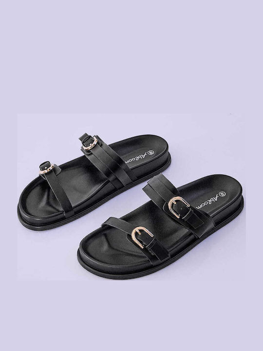 Celestino Flache Damen Sandalen Aus Leder Mit Riemen Schwarz