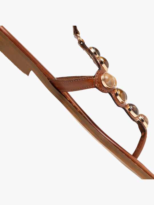 Leather Women's Flat Sandals Tabac Brown