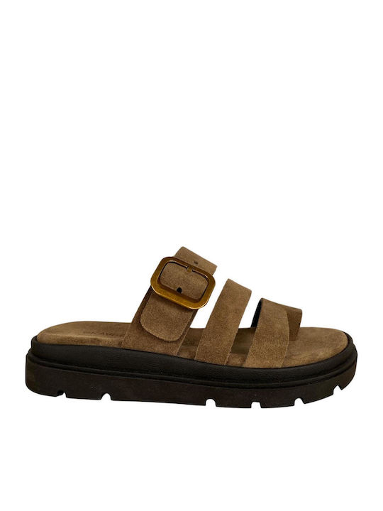 Leather Women's Flat Sandals Flatforms Brown