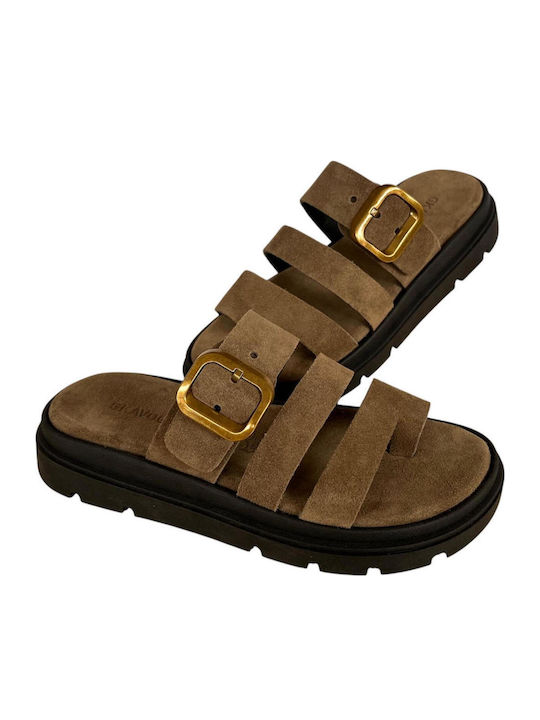 Leather Women's Flat Sandals Flatforms Brown
