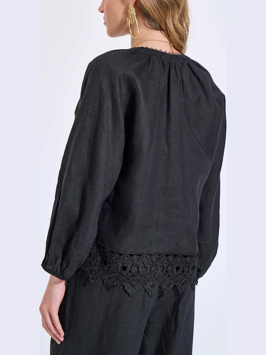 Women's Summer Linen Blouse with 3/4 Sleeve and V-Neck Black
