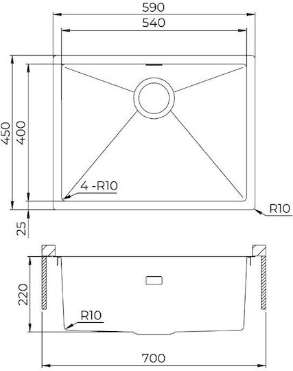 Helika Nova 100l Unterbau Küchenspüle Inox M59xB45cm Silber