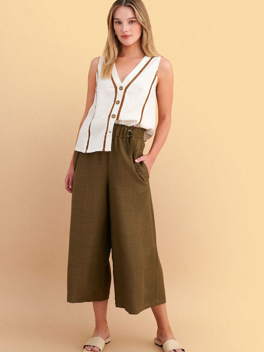 Women's Zip Culottes with Rubber Band Green