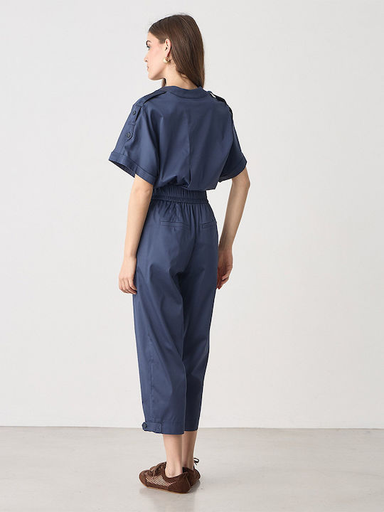 Women's High Rise Fabric Trousers with Rubber Band in Carrot Fit Blue