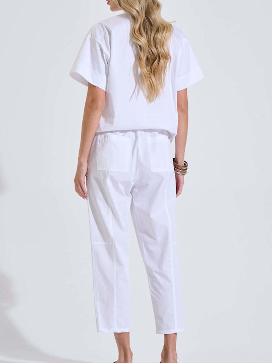 Women's Fabric Trousers with Rubber Band in Loose Fit White