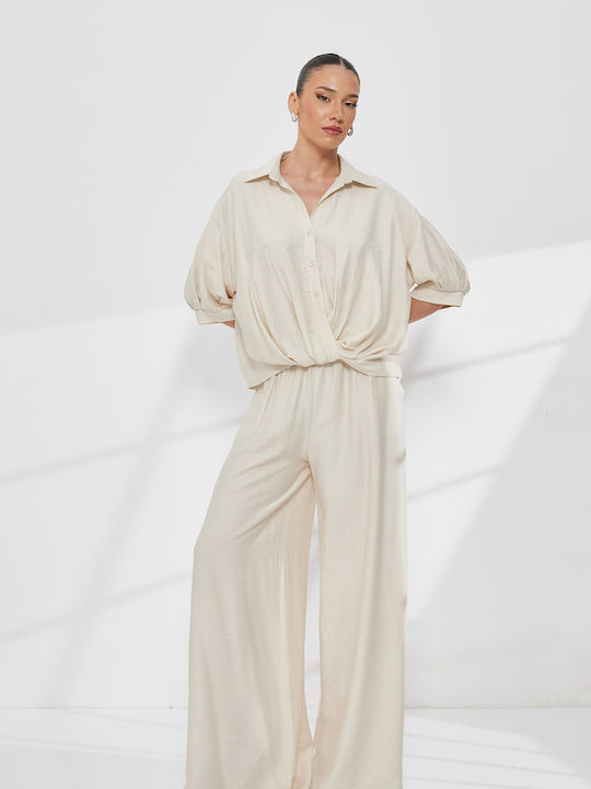 Women's Cream Set with High Rise Trousers in Relaxed Fit