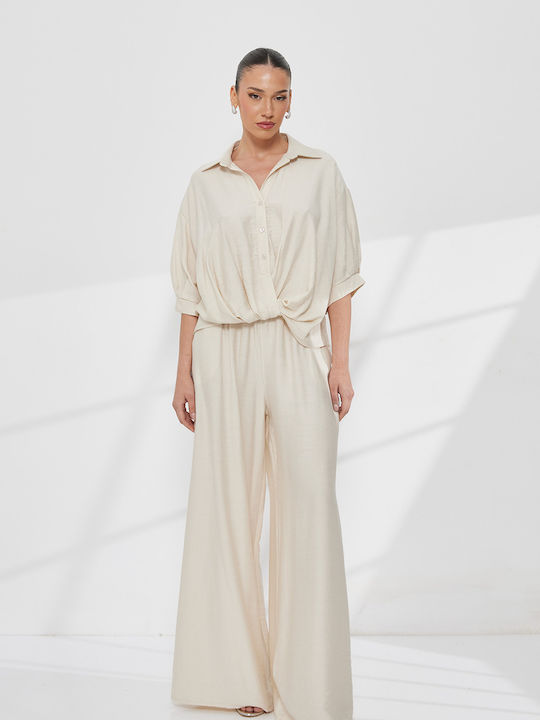Women's Cream Set with High Rise Trousers in Relaxed Fit