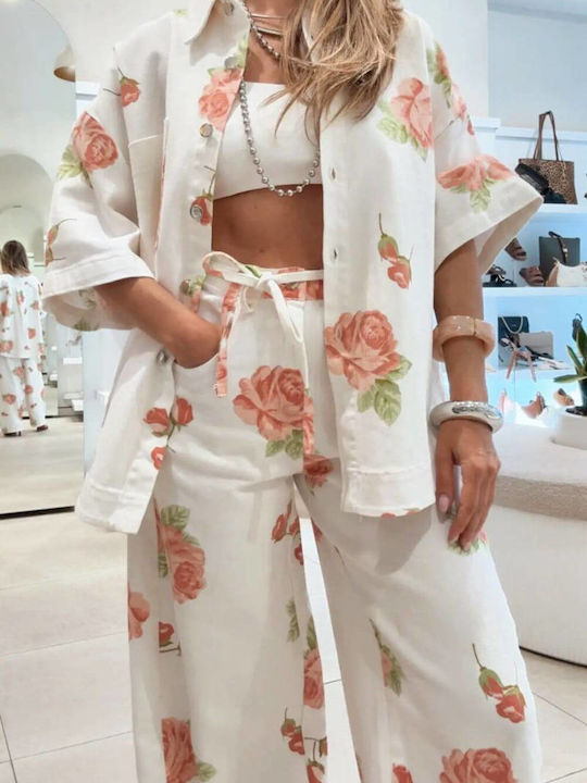 Women's White-Pink Set with Trousers with Rubber Band in Relaxed Fit Floral