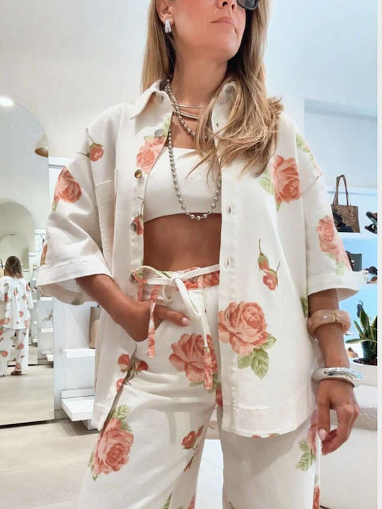 Women's White-Pink Set with Trousers with Rubber Band in Relaxed Fit Floral