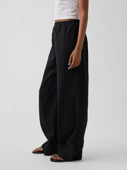 Women's Linen Trousers with Rubber Band in Relaxed Fit Black
