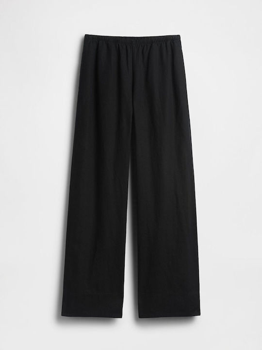 Women's Linen Trousers with Rubber Band in Relaxed Fit Black