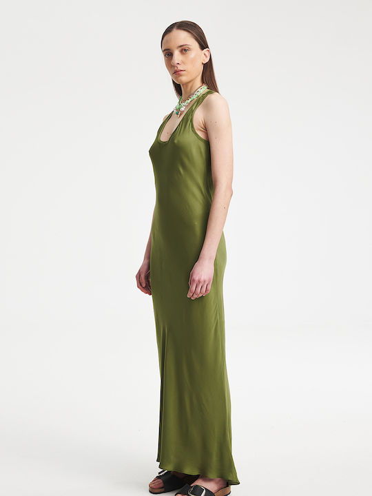 Summer Maxi Evening Satin Dress Olive