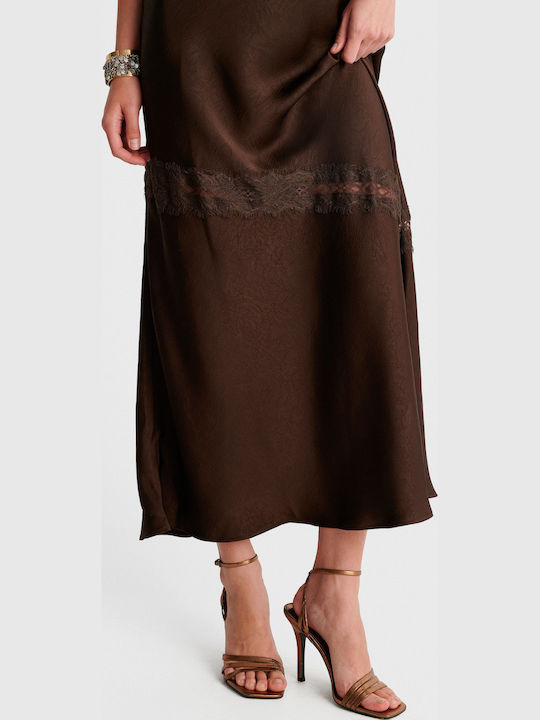 Maxi Slip Dress for Wedding - Christening Satin with Lace Brown