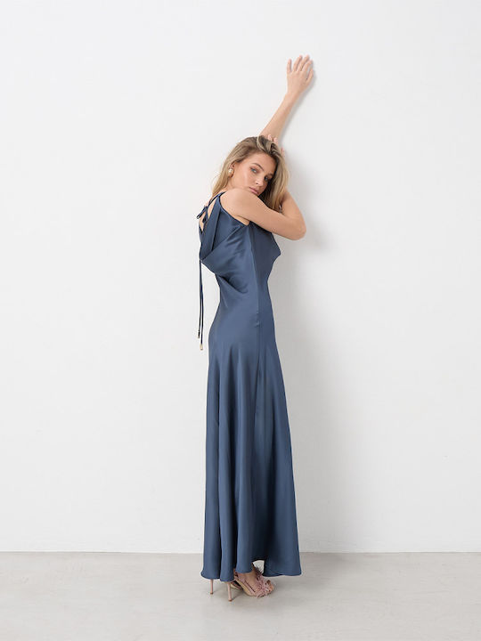 Summer Maxi Evening Satin Dress with Drape Blue