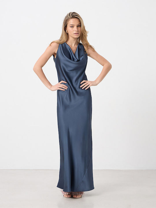 Summer Maxi Evening Satin Dress with Drape Blue