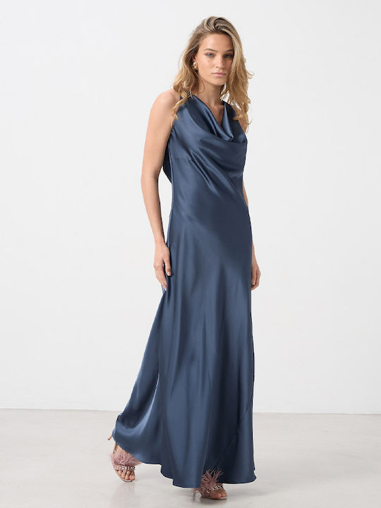 Summer Maxi Evening Satin Dress with Drape Blue