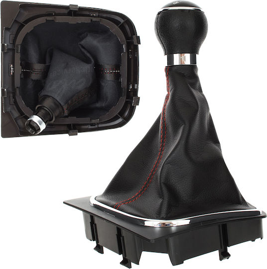 VW Golf V 03-08 Mâner Schimbător Viteze + Manșon Negru Cusături Roșii Cadru Cromat 5 Viteze