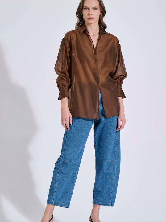 Long Sleeve Women's Shirt Brown 10-150319-0 Brown S/M