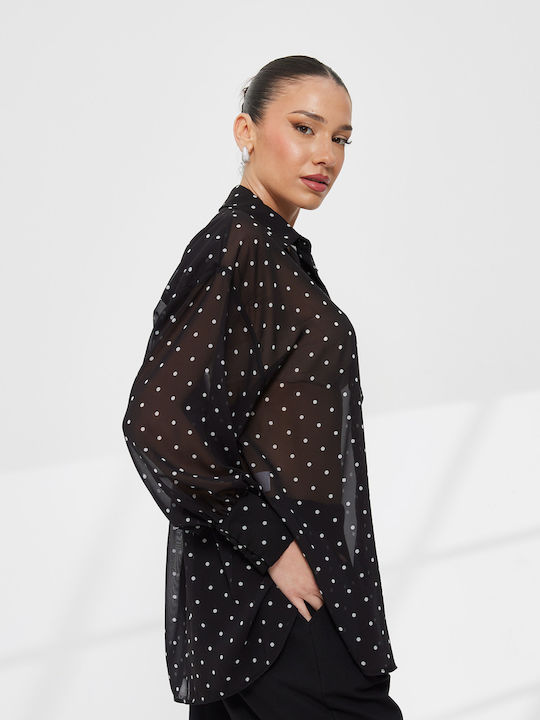 Langärmeliges Damenhemden Schwarzes Polka Dot