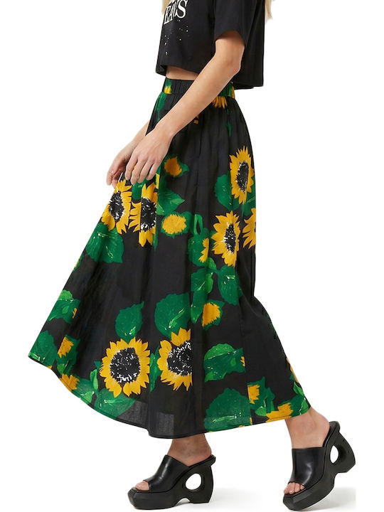 Denim Hohe Taille Midi Blumenrock Gelbes Blaues Grünes