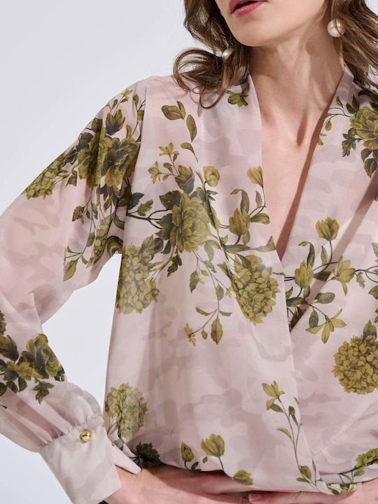 Women's Long Sleeve Blouse with V-Neck Floral Beige