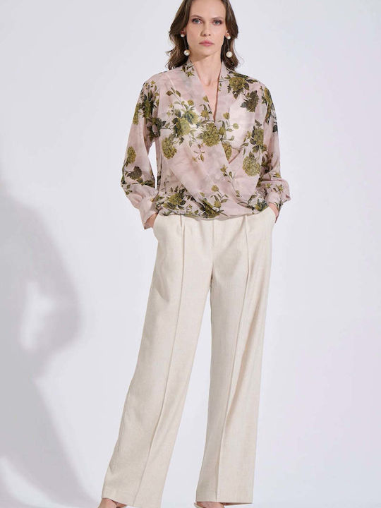 Women's Long Sleeve Blouse with V-Neck Floral Beige