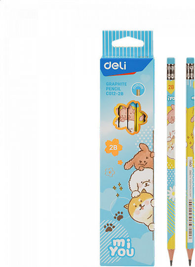 Hexagonal Pencil Hb Eraser 2b Blister Deli Miyou Pack of 12 Pieces