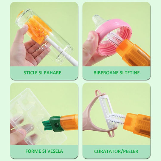 Perie De Curățare 5 În 1 Pentru Pahare Din Sticlă Sticle Perie Flippy Cu Mâner Lung Accesorii Curățare Paie Capace Ușor De Agățat 36x7x7cm Portocaliu-alb