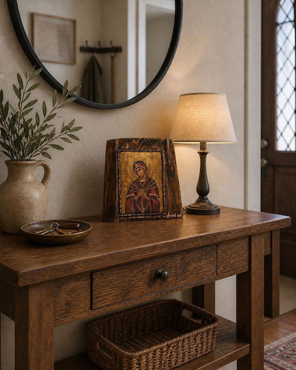 Handmade Icon of Virgin Mary Heptaspatis Natural Irregular Wood