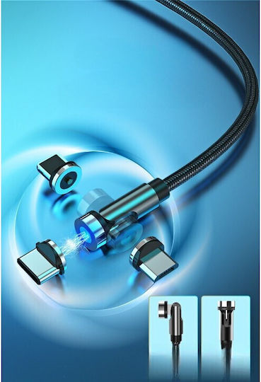 3 In 1 Magnetic Charging Cable 360° + 180° 1 M Micro Type C Iphone 5 V 2.1 A Black