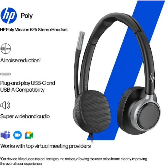 HP Poly Mission 625 On Ear Căști Multimedia cu Microfon și Conectivitate USB-A