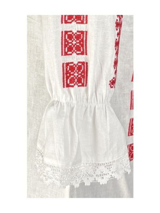Bluza Damă Bumbac Mânecă Lungă Alb Optic/Roșu
