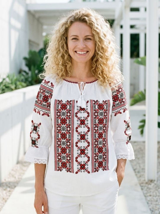 Bluză Damă Bumbac Mânecă Lungă Alb/Roșu