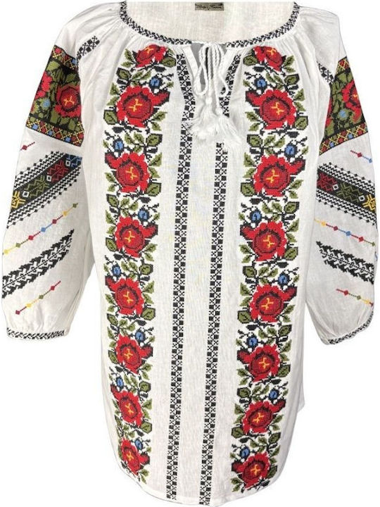 Bluză Damă Bumbac Mânecă Lungă Albă/Albastră