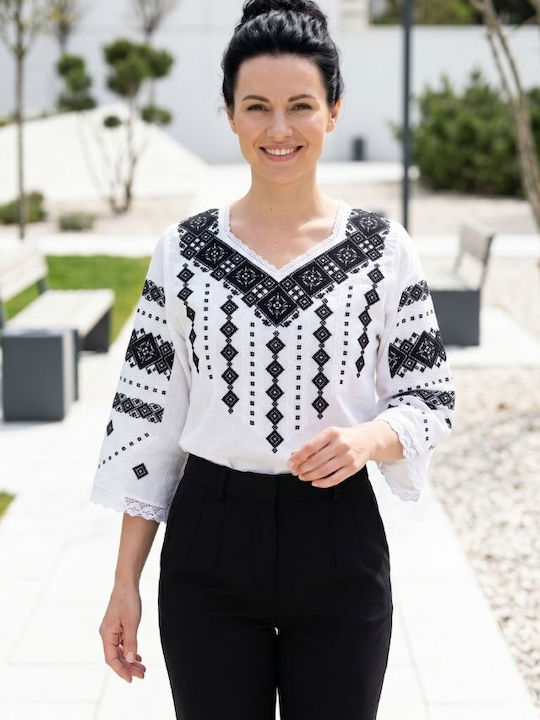 Bluza Damă Bumbac Mânecă Lungă Alb Crystal/Negru
