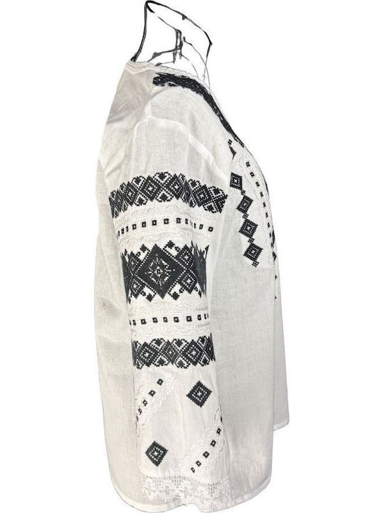 Bluza Damă Bumbac Mânecă Lungă Alb Crystal/Negru