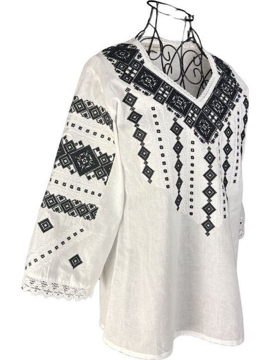 Bluza Damă Bumbac Mânecă Lungă Alb Crystal/Negru
