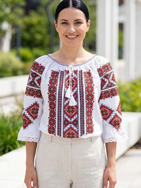 Bluza Damă Bumbac Mânecă Lungă Alb/Roșu Burgund