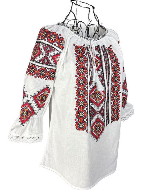 Bluza Damă Bumbac Mânecă Lungă Alb/Roșu Burgund