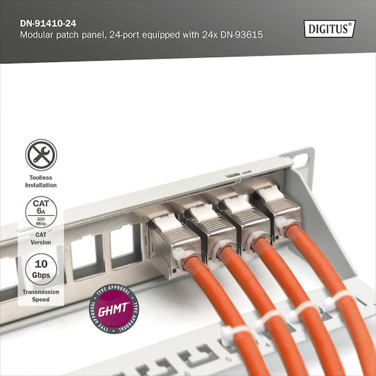 Digitus Panou De Patch Keystone Pentru Rack 1U 19" 24 Prize Cat6a Gri