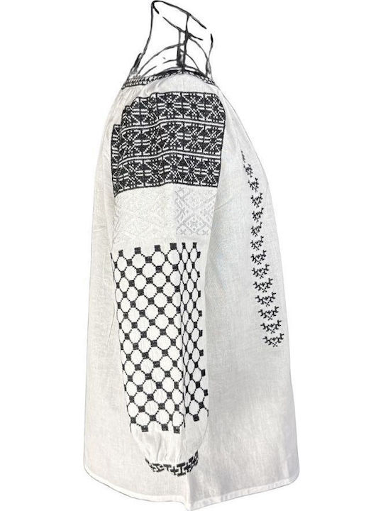Bluza Damă Bumbac Mânecă Lungă Alb/Negru