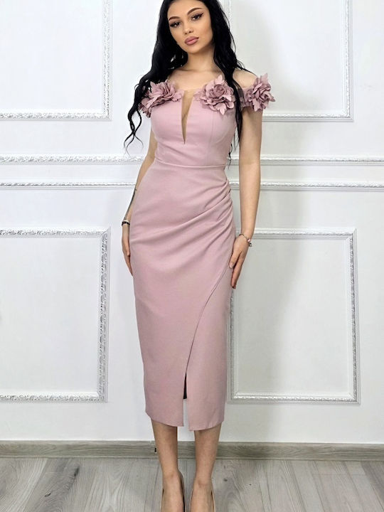 Rochie Midi De Seara Drapată Roz