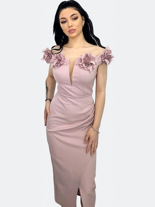 Rochie Midi De Seara Drapată Roz