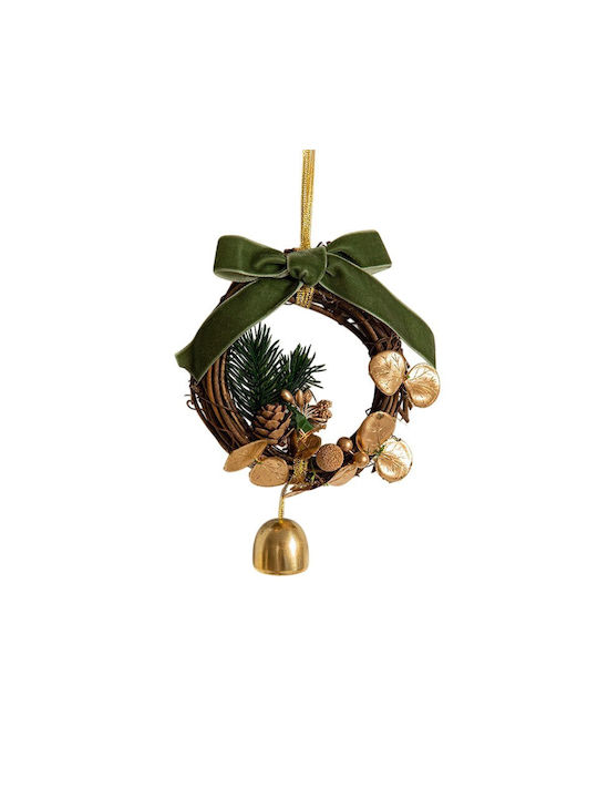 Coroniță Tip Ornament De Crăciun Pentru Brad 1 Clopoțel Flori Aurii Conuri De Pin Panglică Verde Catifea 14 X 10 Cm Verde Flippy