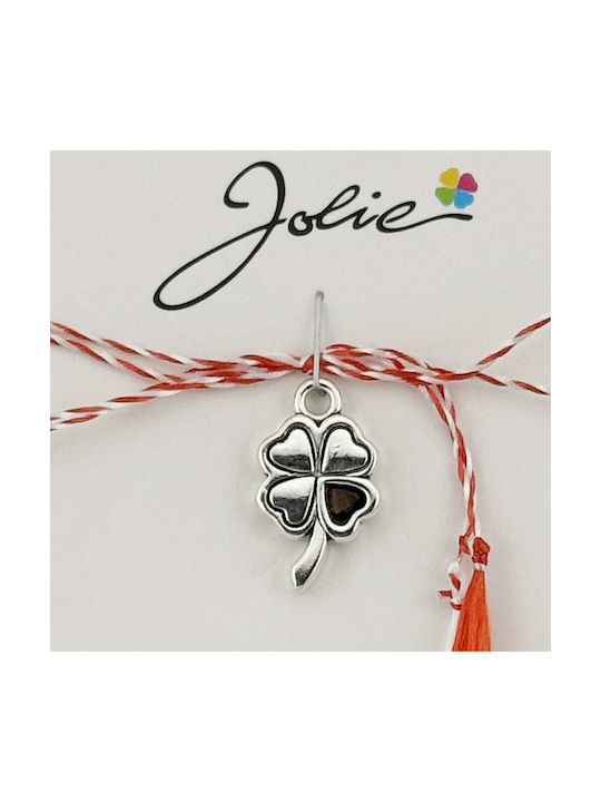 Traditional Martisor Jolie Clover Model White Red Braided String 8.5 X 5.5 Cm Silver