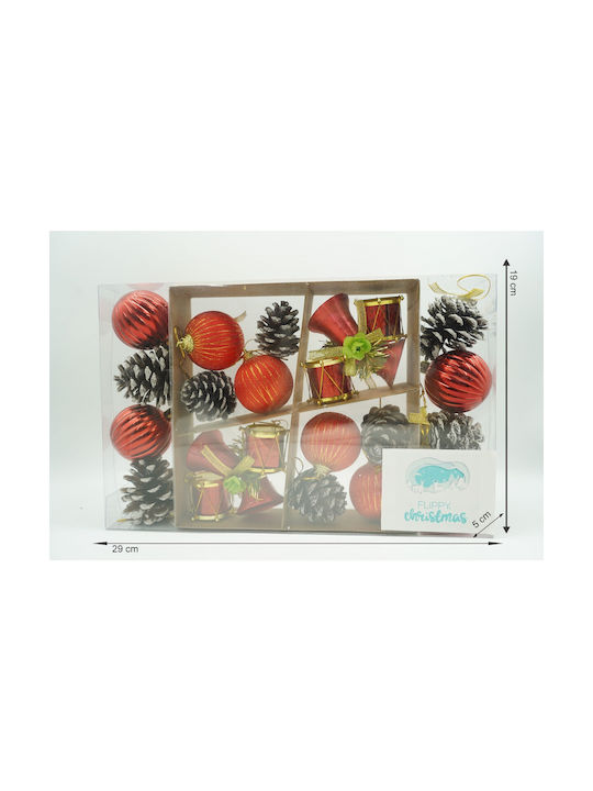 Set 24 Ornamente De Crăciun Pentru Brad Tip Glob Roșii Maro Din Polistiren Cu Finisaj Sclipici Cutie 5 Cm Adâncime X 29 Cm Lungime X 19 Cm Înălțime