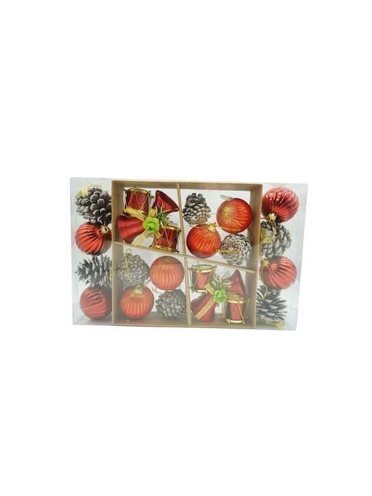 Set 24 Ornamente De Crăciun Pentru Brad Tip Glob Roșii Maro Din Polistiren Cu Finisaj Sclipici Cutie 5 Cm Adâncime X 29 Cm Lungime X 19 Cm Înălțime