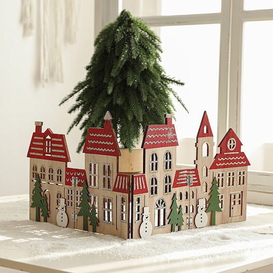 Christmas Decoration Flippy Christmas Village Model Tree European Style Foldable Wood 57 X 20 Cm Natural Brown Red